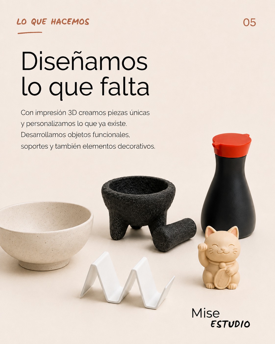 Bowl, mortero, jarra negra, portataco y gato de la suerte impresos en 3D.